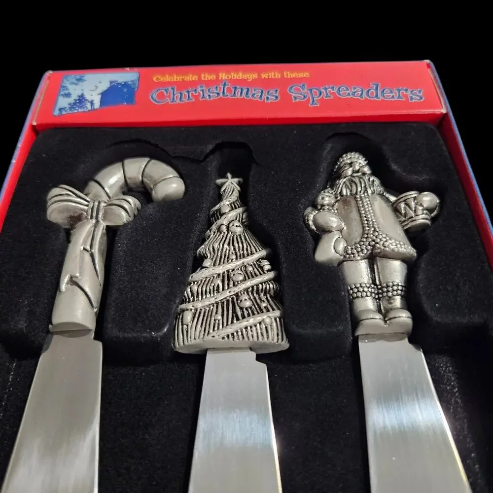 Innovage Christmas Spreader Set 3 Pc Pewter Tone Stainless Steel Holiday NIB